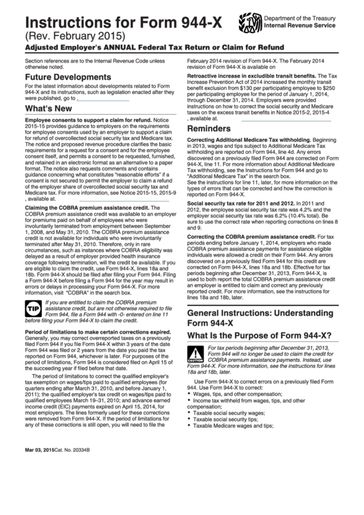 Instructions For Form 944-X (Rev. February 2015) Printable pdf