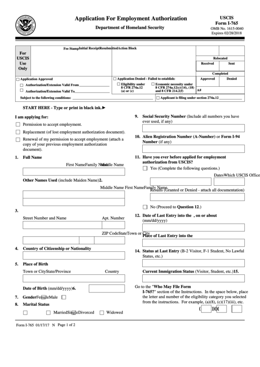 Uscis Form I-765 - Application For Employment Authorization