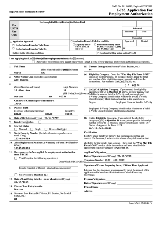 Fillable Uscis Form I-765 - Application For Employment Authorization Printable pdf