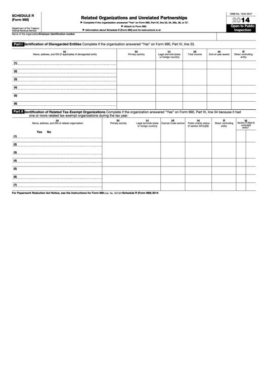 Fillable Schedule R (Form 990) - Related Organizations And Unrelated Partnerships - 2014 Printable pdf