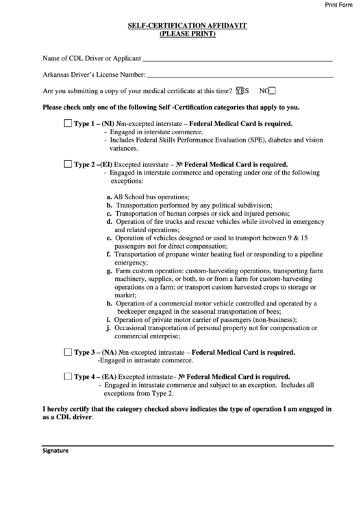 Fillable Self-Certification Affidavit Template Printable pdf