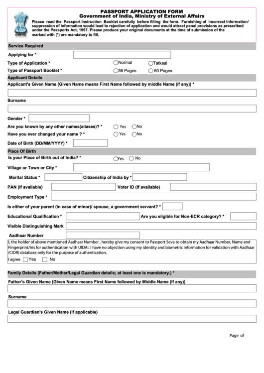 Fillable Passport Application Form Government Of India Printable Pdf Download