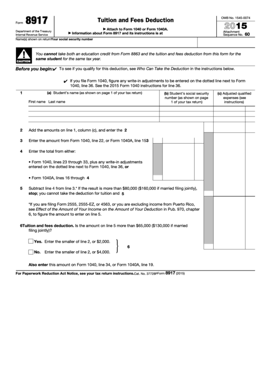Fillable Form 8917 - Tuition And Fees Deduction (2015) Printable pdf