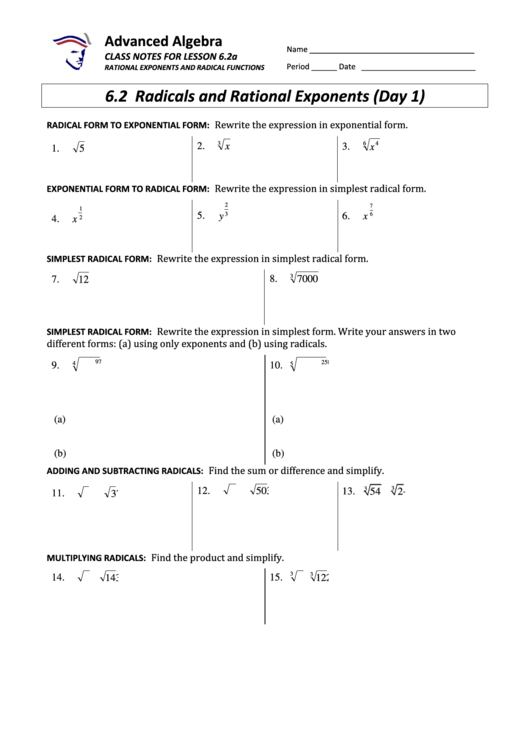 Radicals And Rational Exponents Worksheet Printable pdf