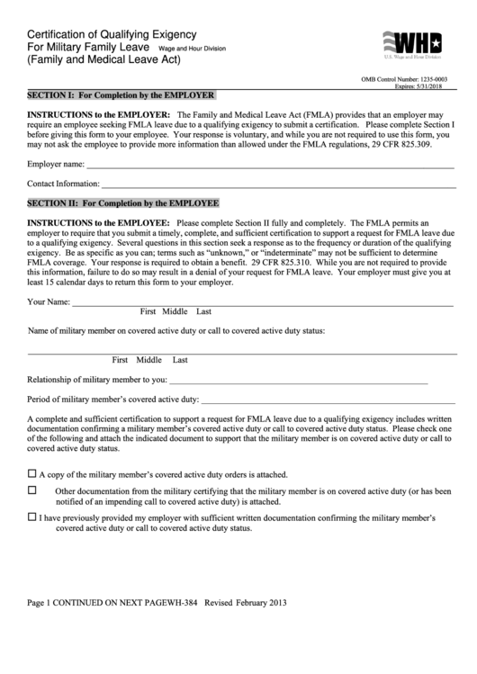 Form Wh-384 - Certification Of Qualifying Exigency For Military Family Leave (Family And Medical Leave Act) Printable pdf