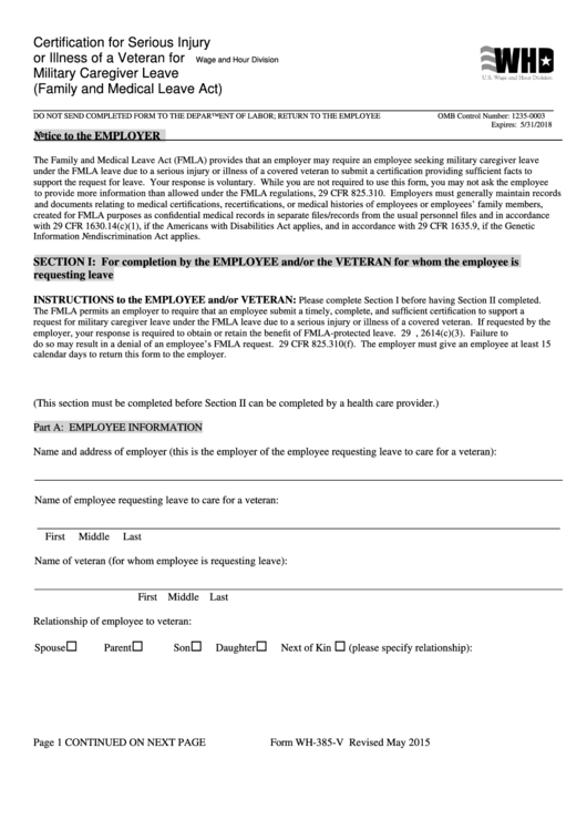 Form Wh-385-V - Certification For Serious Injury Or Illness Of A Veteran For Military Caregiver Leave (Family And Medical Leave Act) Printable pdf