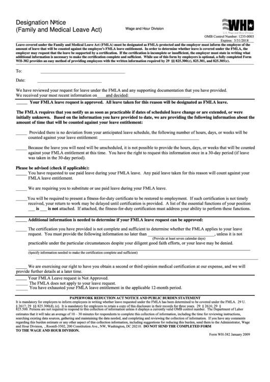 Form Wh-382 - Designation Notice (family And Medical Leave Act)