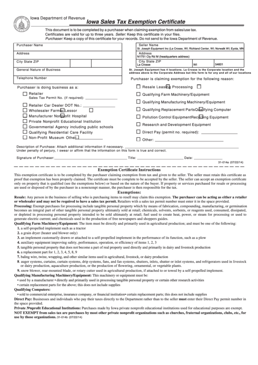 Form 31-014a - Iowa Sales Tax Exemption Certificate , Form 31-014b - Exemption Certificate Instructions - 2014 Printable pdf