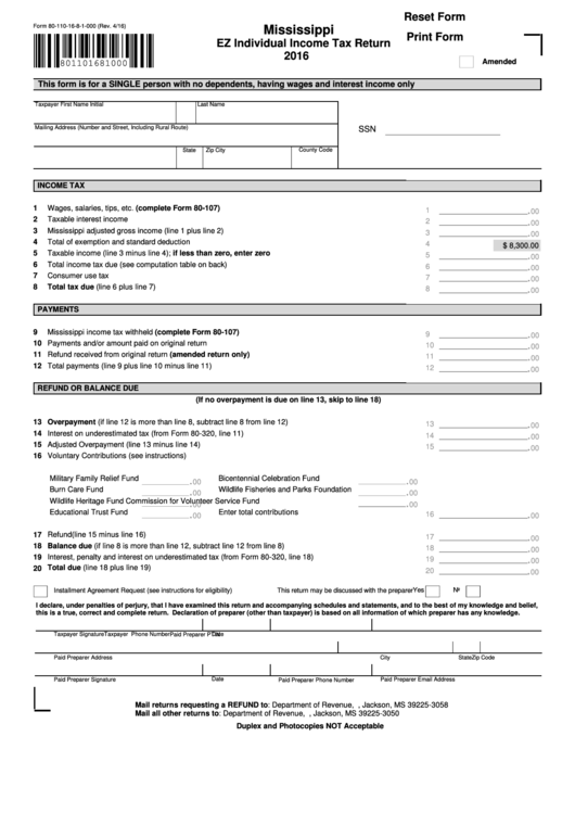 Fillable 80-110 Form Mississippi Ez Individual Income Tax Return Printable pdf