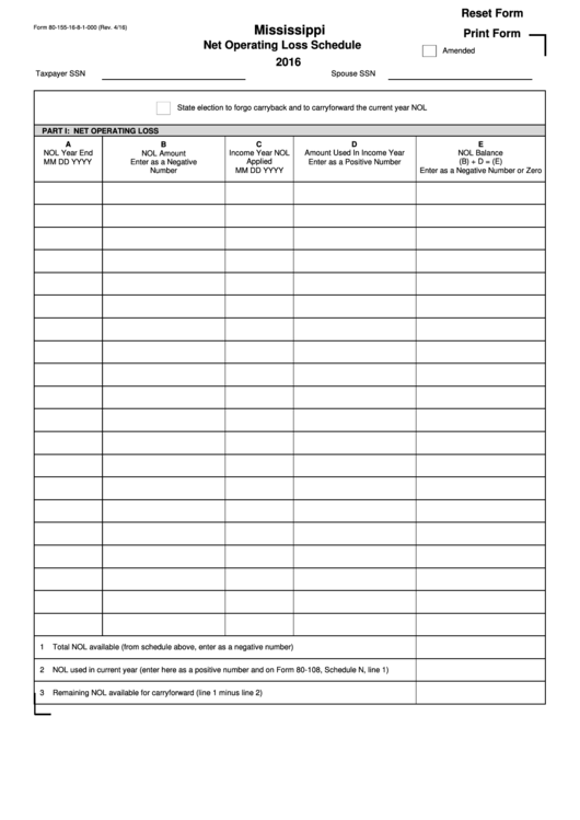 Fillable 80-155 Form Net Operating Loss Schedule - 2016 printable pdf ...