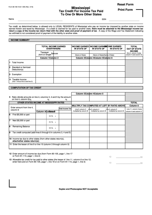 Fillable 80-160 Form Mississippi Tax Credit For Income Tax Paid To One Or More Other States Printable pdf