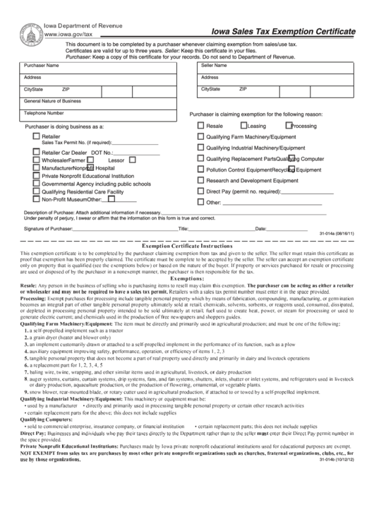 Iowa Sales Tax Exemption Certificate - Interweave Printable pdf