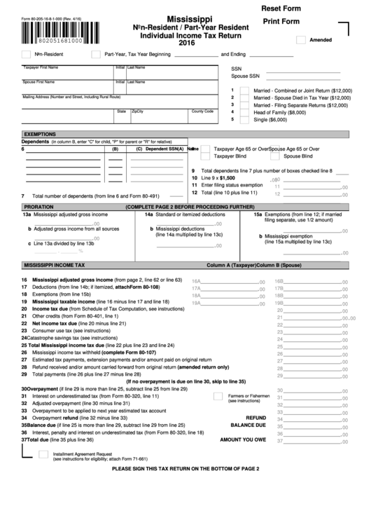 Fillable 80-205 Form Non-Resident / Part-Year Resident Individual Income Tax Return - 2016 Printable pdf