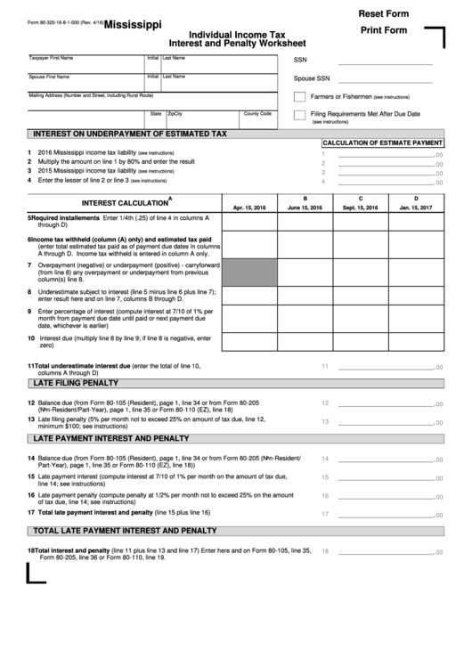 Fillable 80-320 Form Mississippi Individual Income Tax Interest And Penalty Worksheet Printable pdf