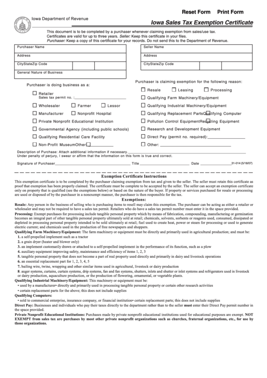 Fillable Form 31-014 - Iowa Sales Tax Exemption Certificate - 2007 Printable pdf