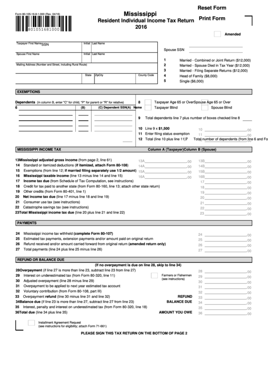 Fillable Form 80-105 Mississippi Resident Individual Income Tax Return - 2016 Printable pdf