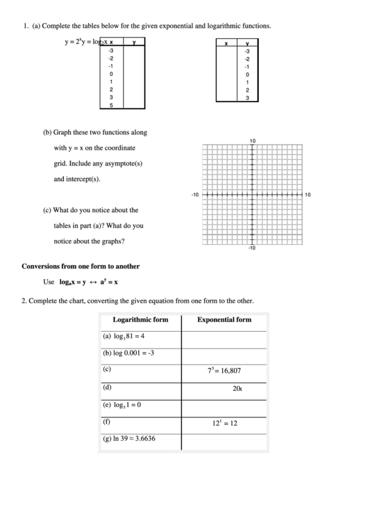 Exponential And Logarithmic Functions Printable pdf