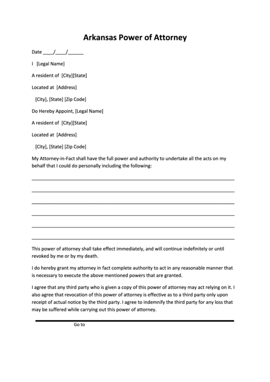 Power Of Attorney Form Arkansas Printable Pdf Download