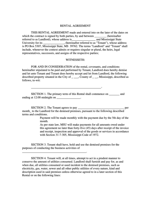 Mississippi State University Residential Rental Agreement Template Printable pdf