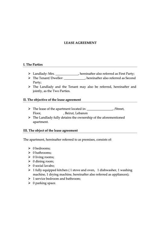 Lease Agreement - Lebanon Printable pdf