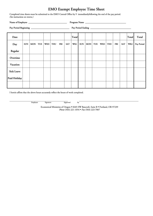 Emo Exempt Employee Time Sheet Printable pdf