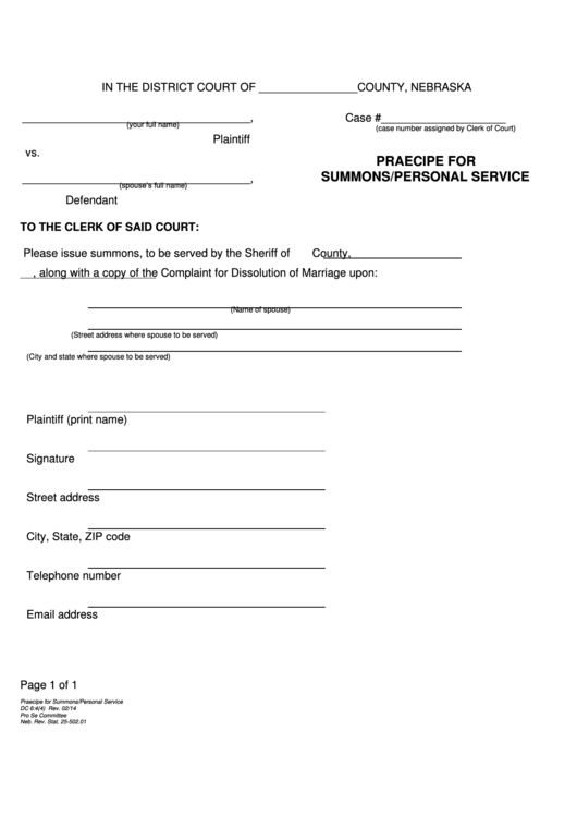 Fillable Praecipe For Summons Or Personal Service Printable pdf