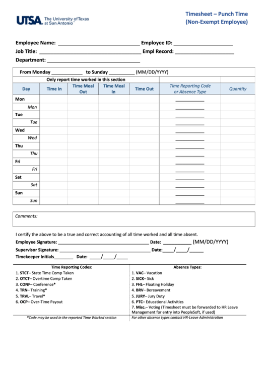 Fillable Timesheet Template - Punch Time (Non-Exempt Employee) Printable pdf