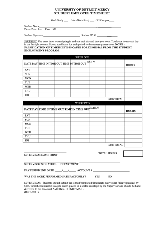 Student Employee Timesheet Template Printable pdf