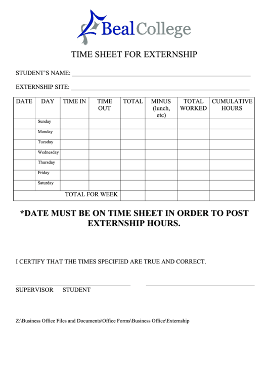 Time Sheet For Externship Printable pdf