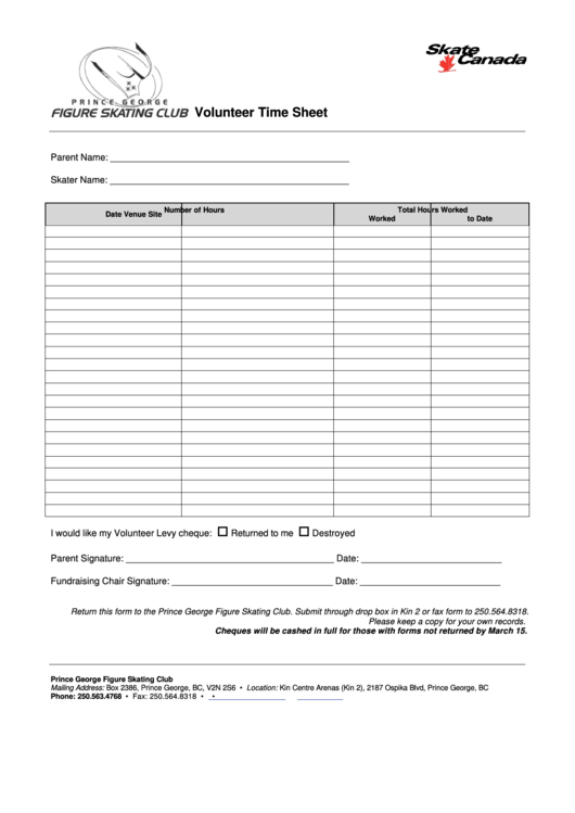 Volunteer Time Sheet Form Prince George Figure Skating Club Printable pdf
