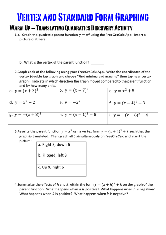 Vertex And Standard Form Graphing Printable pdf