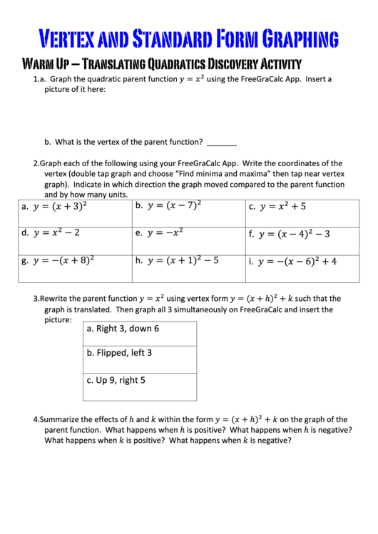 Vertex And Standard Form Graphing Printable Pdf Download