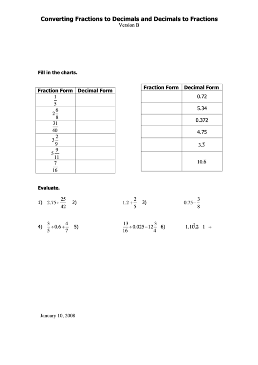 Converting Fractions To Decimals And Decimals To Fractions Worksheet Printable pdf