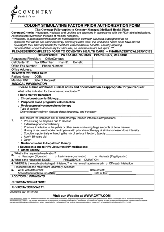 Colony Stimulating Factor Prior Authorization Form Printable pdf