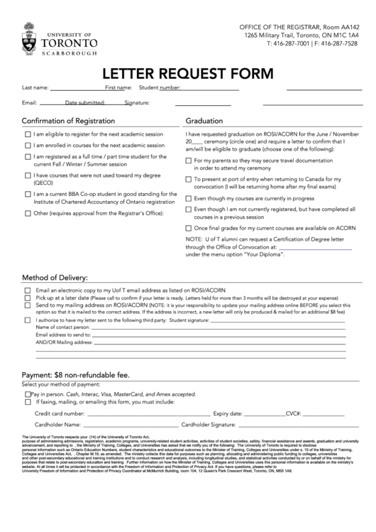Letter Request Form - University Of Toronto Printable pdf