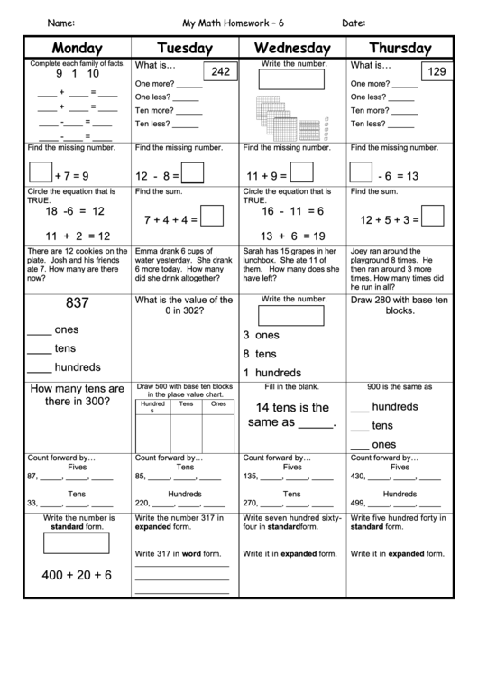 Weekly Math Homework Worksheet Template Printable Pdf Download