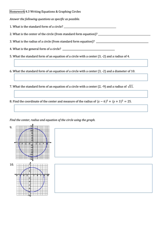 Writing Equations And Graphing Circles Printable pdf