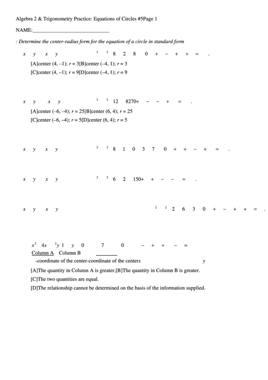 Trigonometry Practice Equations Of Circles Printable pdf