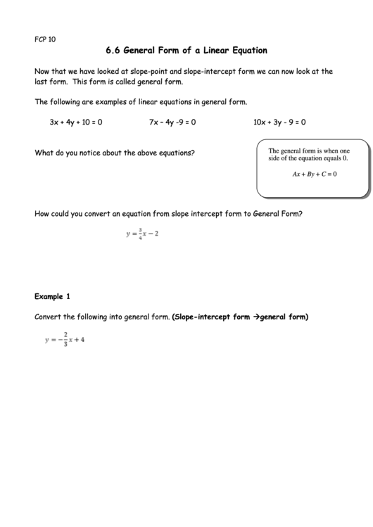 General Form Of A Linear Equation Printable pdf