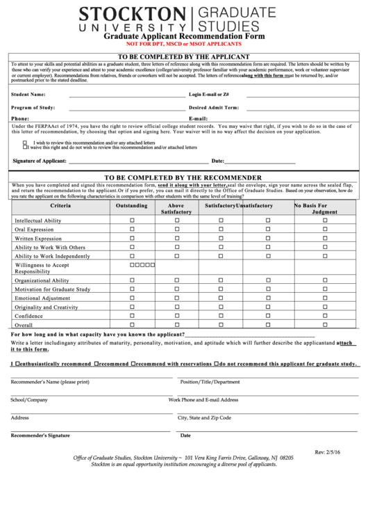 Fillable Graduate Applicant Recommendation Form - Stockton University Printable pdf