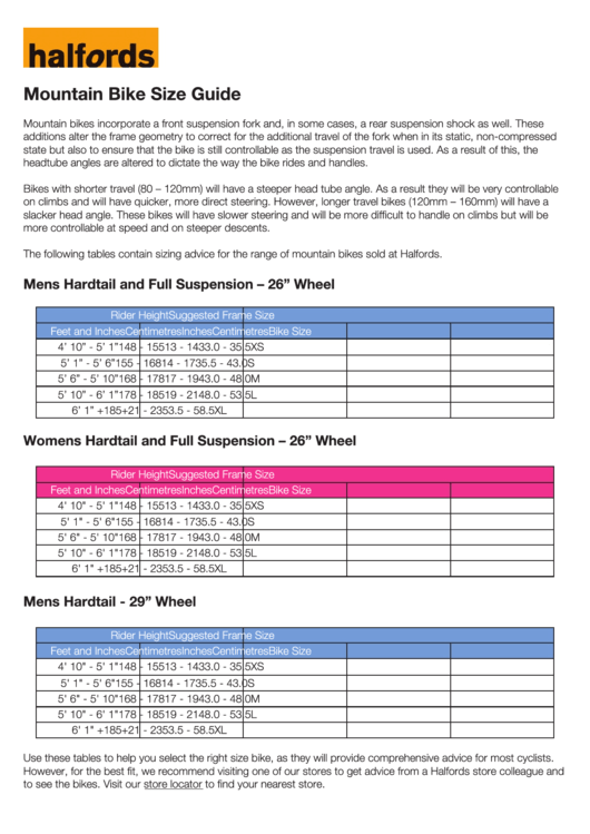 Halfords Mountain Bike Size Guide printable pdf download