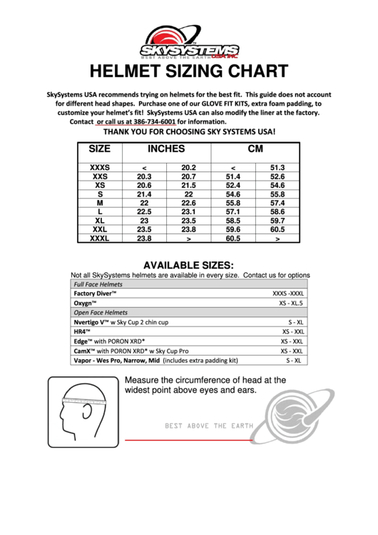 Skysystems Helmet Sizing Chart Printable pdf