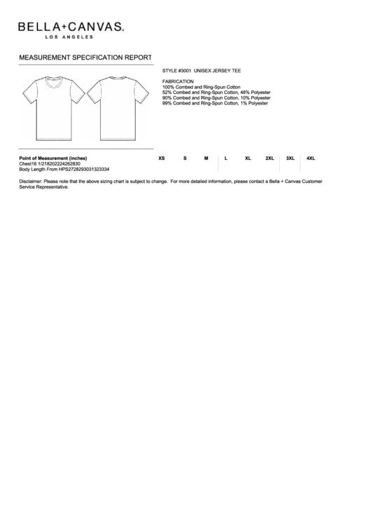 Bella+canvas Unisex Jersey Tee Size Chart Printable pdf