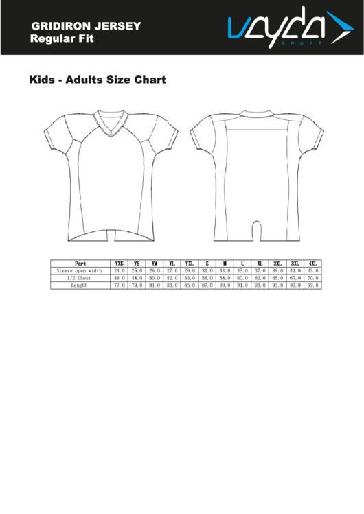 Vayda Sport Gridiron Jersey Size Chart Printable pdf