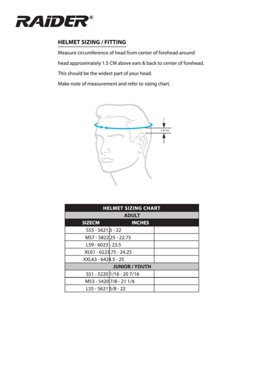 Raider Helmet Sizing Chart printable pdf download