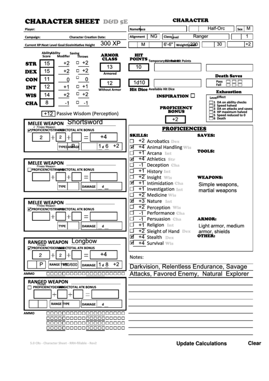 character sheet dd 5e half orc ranger printable pdf download