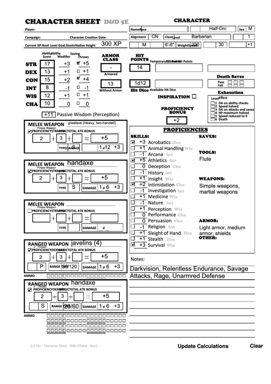 Character Sheet D&d 5e - Half Orc Barbarian printable pdf download
