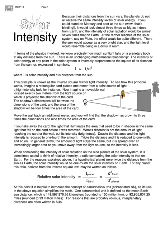 Solar Intensity Worksheet Printable pdf