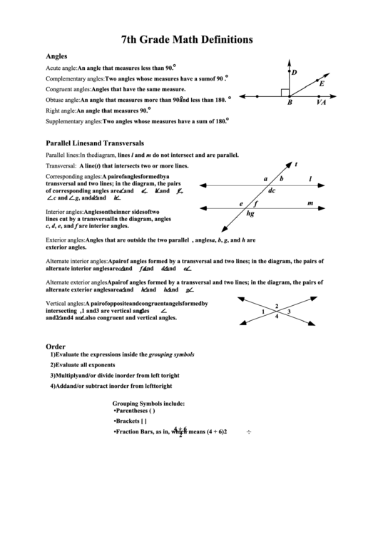 7th Grade Math Definitions Printable pdf