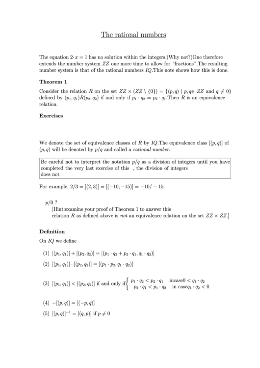 The Rational Numbers Printable pdf